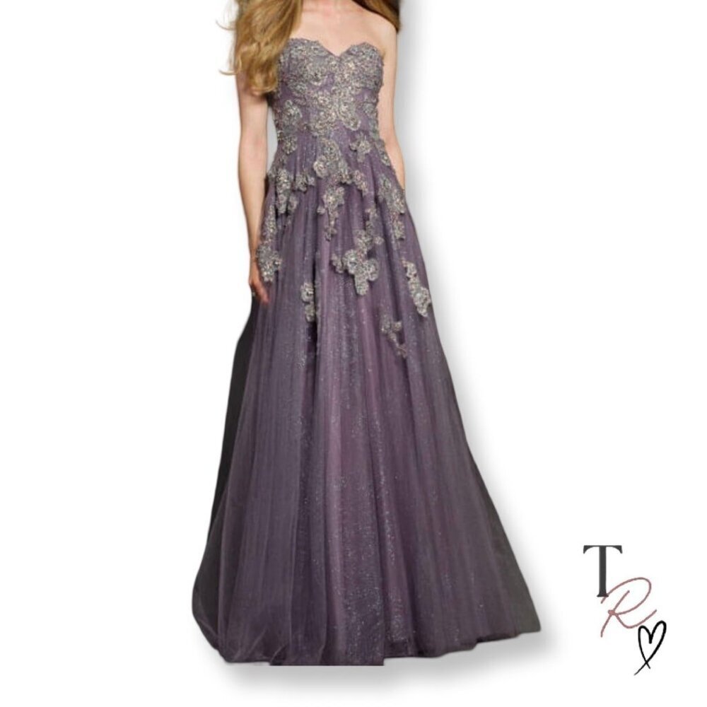 Jovani Purple Strapless Sweetheart Beaded Tulle Evening Prom Gown Size 4